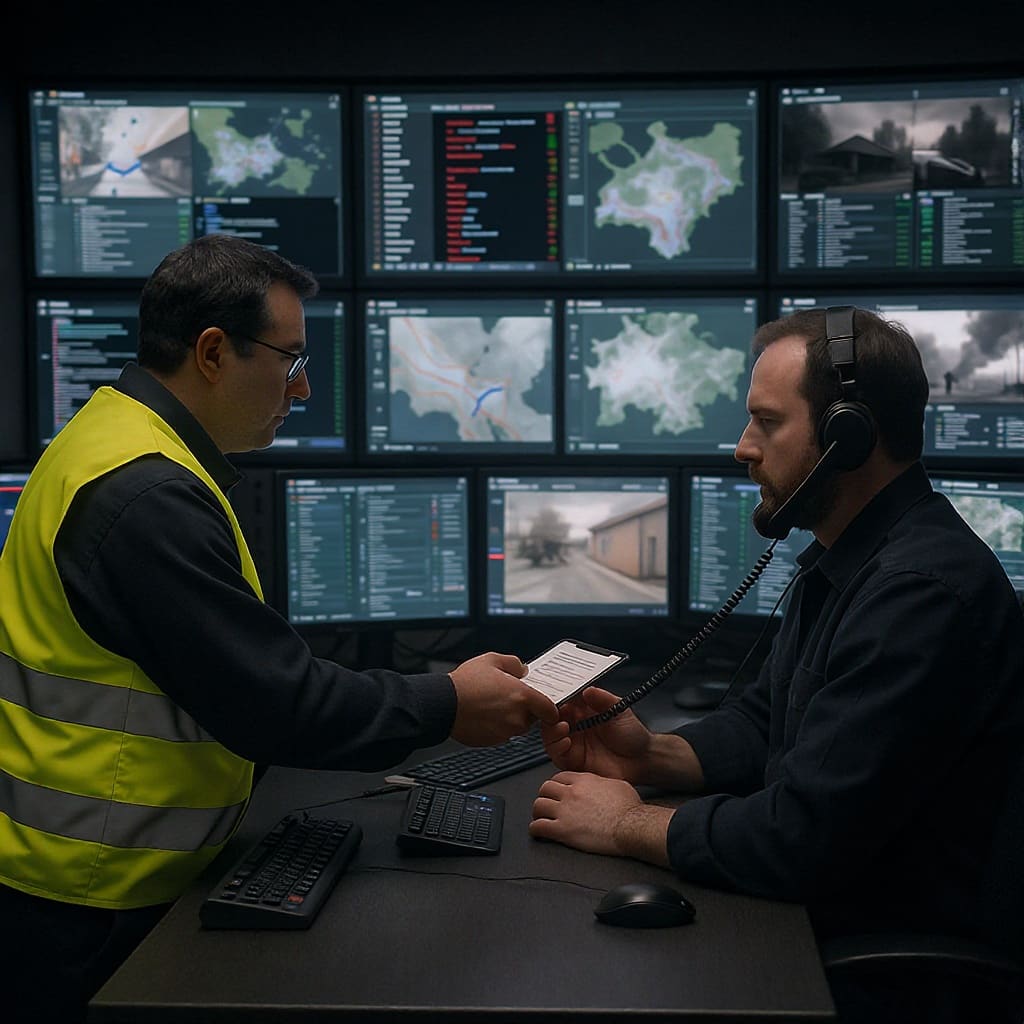 Communications hero: a coordinator in an emergency operations center hands a hot briefing onto a contractor phone in the field.