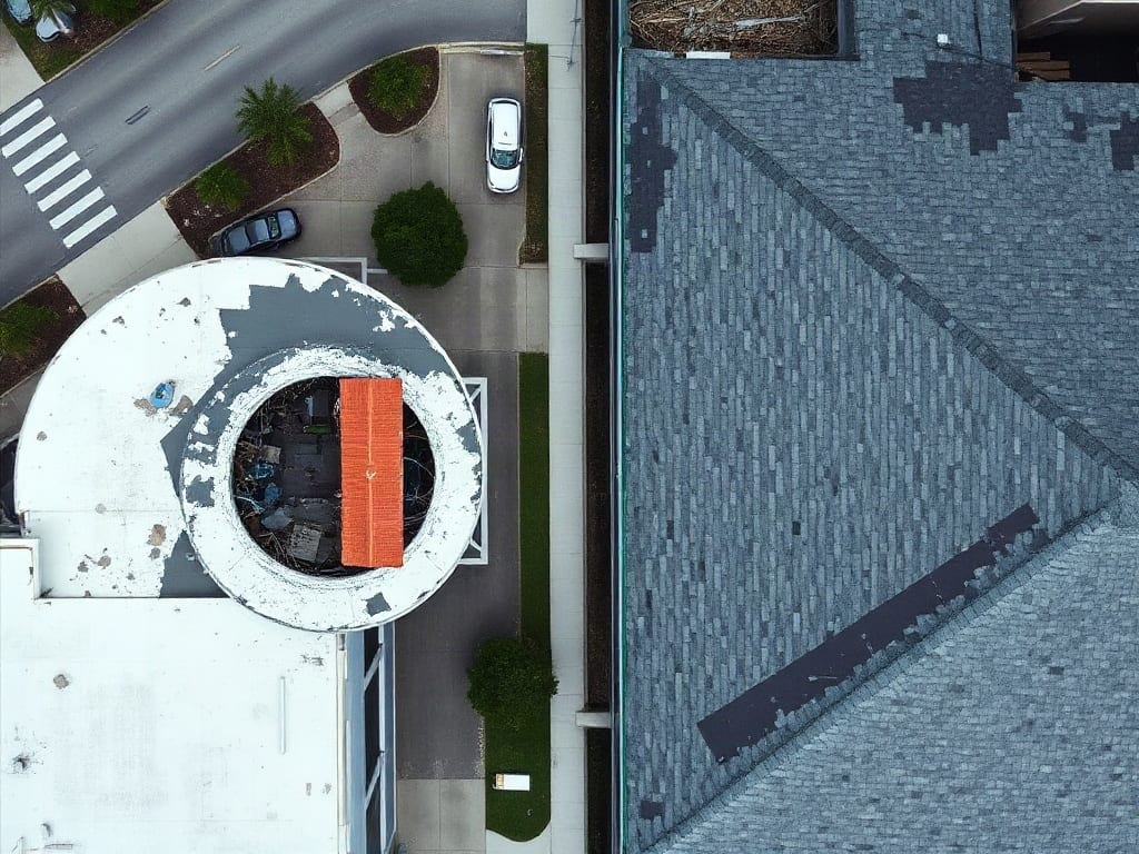 Aerial hurricane damage overview: split composition showing flat commercial roofing with lifted membranes and visible damage on the left, and residential asphalt-shingle roofing with missing shingles and exposed wood decking on the right.