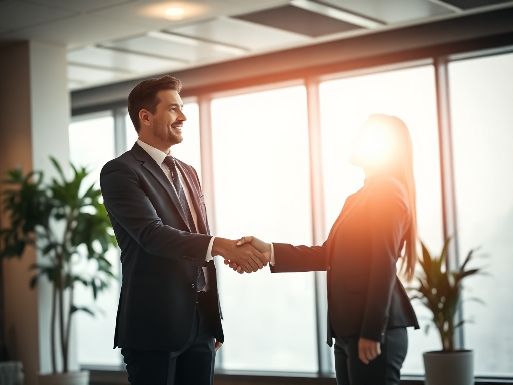 Veteran Program hero: two professionals shaking hands across a conference table in a bright office setting, conveying trust and partnership.